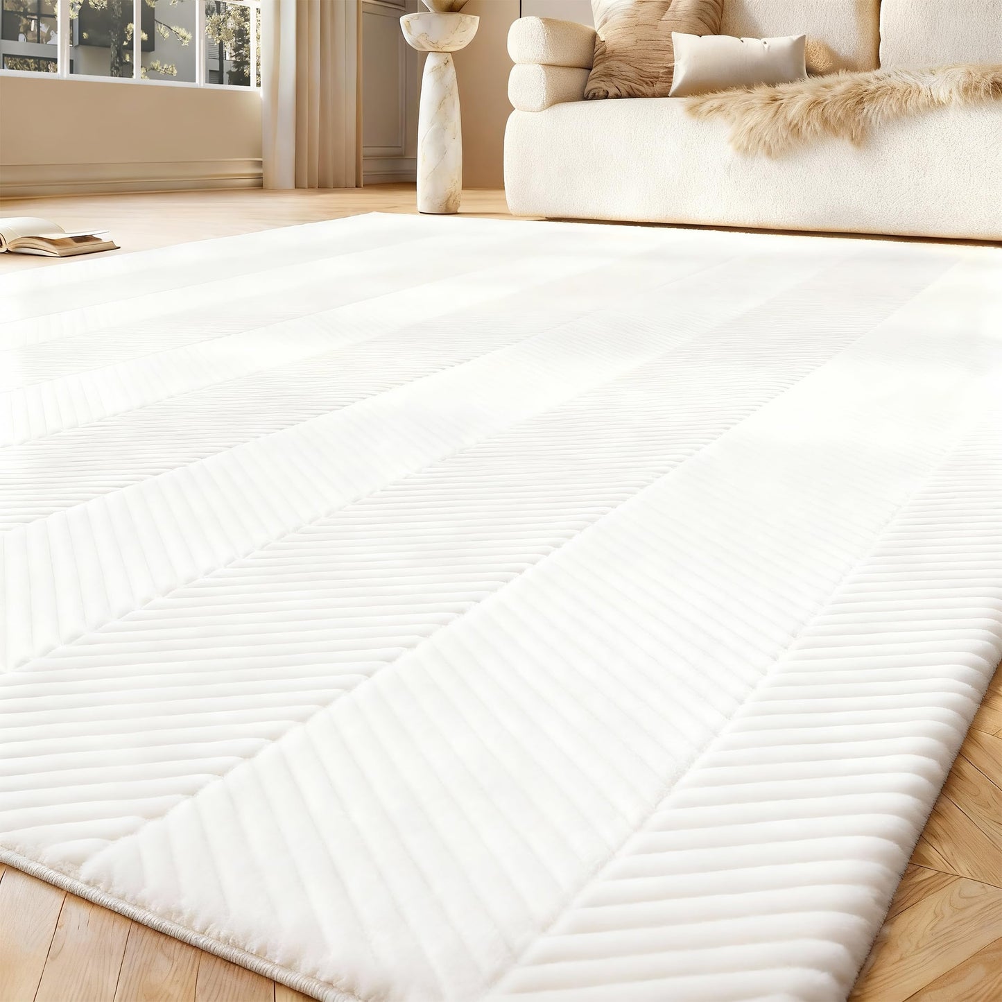 CASTLYE Area Rug for Living Room - 5x7 Soft Faux Rabbit Fur Modern Geometric Wave Carpet for Bedroom, Light Beige