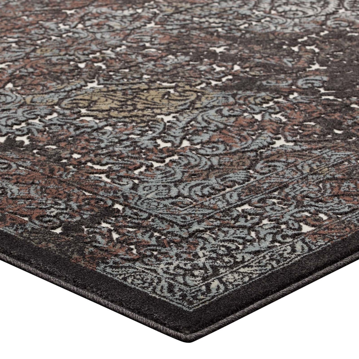 Modway Westia Ornate Turkish 5x8 Vintage Area Rug in Dark Brown and Silver Blue
