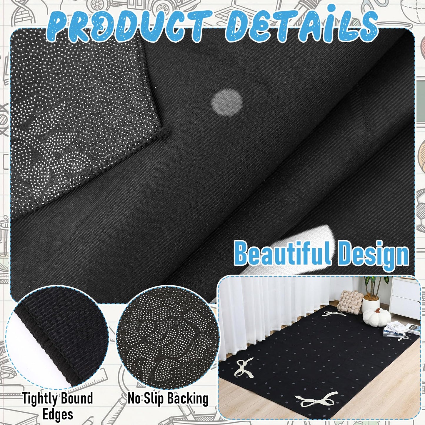 Nuanchu Calming Corner Classroom Rug Black Bow Kids Playroom Rug Educational Soft Carpets 5 X7 ft Large Washable Classroom Mat with Rubber Backing for Bedroom Nursery Homeschool Elementary