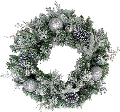 Fraser Hill Farm 24" Christmas Frosted Wreath Door Hanging with Ornaments, Pinecones, and Berries, Artificial Holiday Hanging Decoration for Door, Wall, Mantel