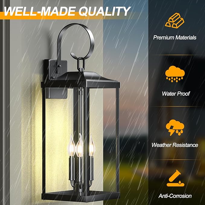 24" Extra Large Outdoor Wall Light for House, Black 3-Light Waterproof Exterior Porch Lamp Wall Mount, Modern Outside Wall Sconce Coach Light with Clear Glass, E12, 1-Pack