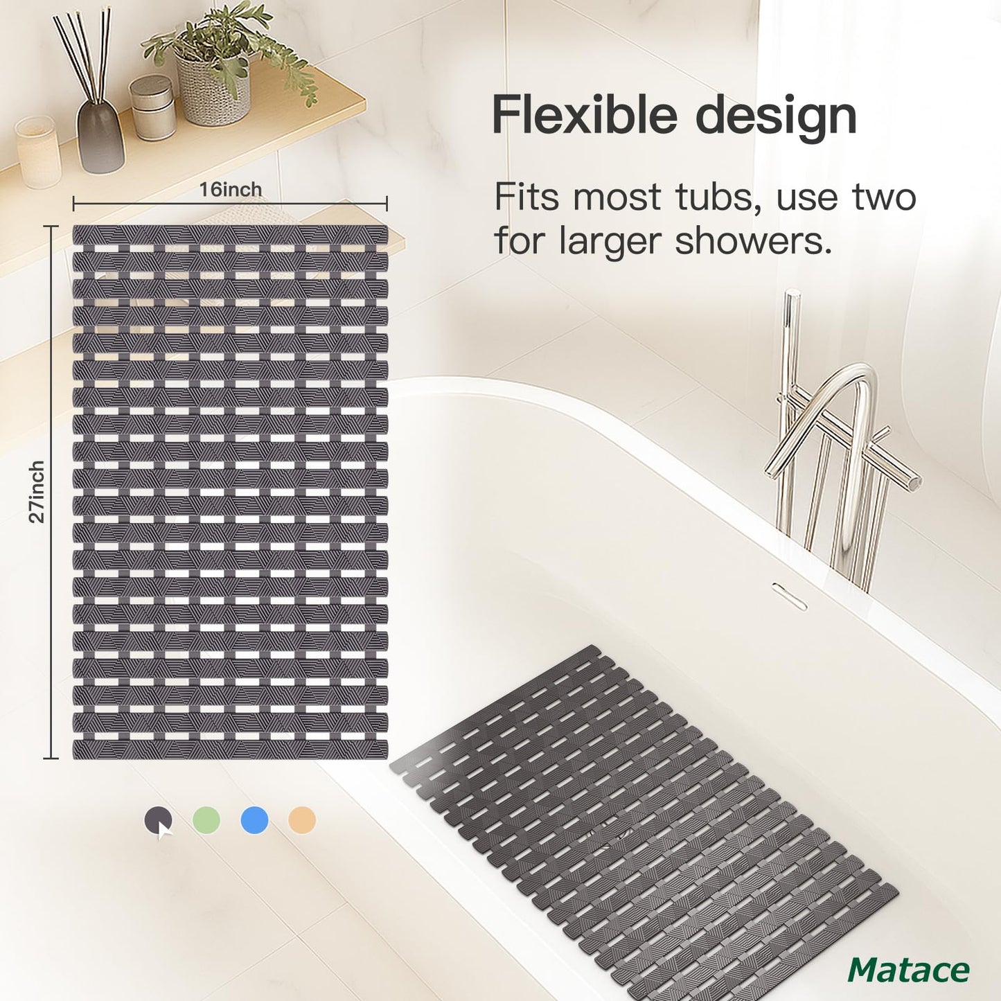 Bathtub Mat Non Slip - for Inside Bath Tub & Shower, Small 27x16 Inch, 180 Strong Suction Cups, Soft Textured Surface, Fast Drain & Quick Dry, Bathroom Safety Mat, Dark Gray, Matace