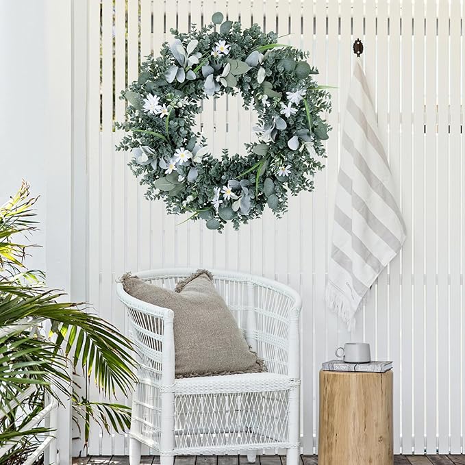 Door Wreath Green Eucalyptus for Front Door Wreaths Spring Summer Wreath 26 Inch Artificial Leaves Wreaths for All Season Home Farmhouse Porch Year Round Outdoor Wall Decorating,24 Inch