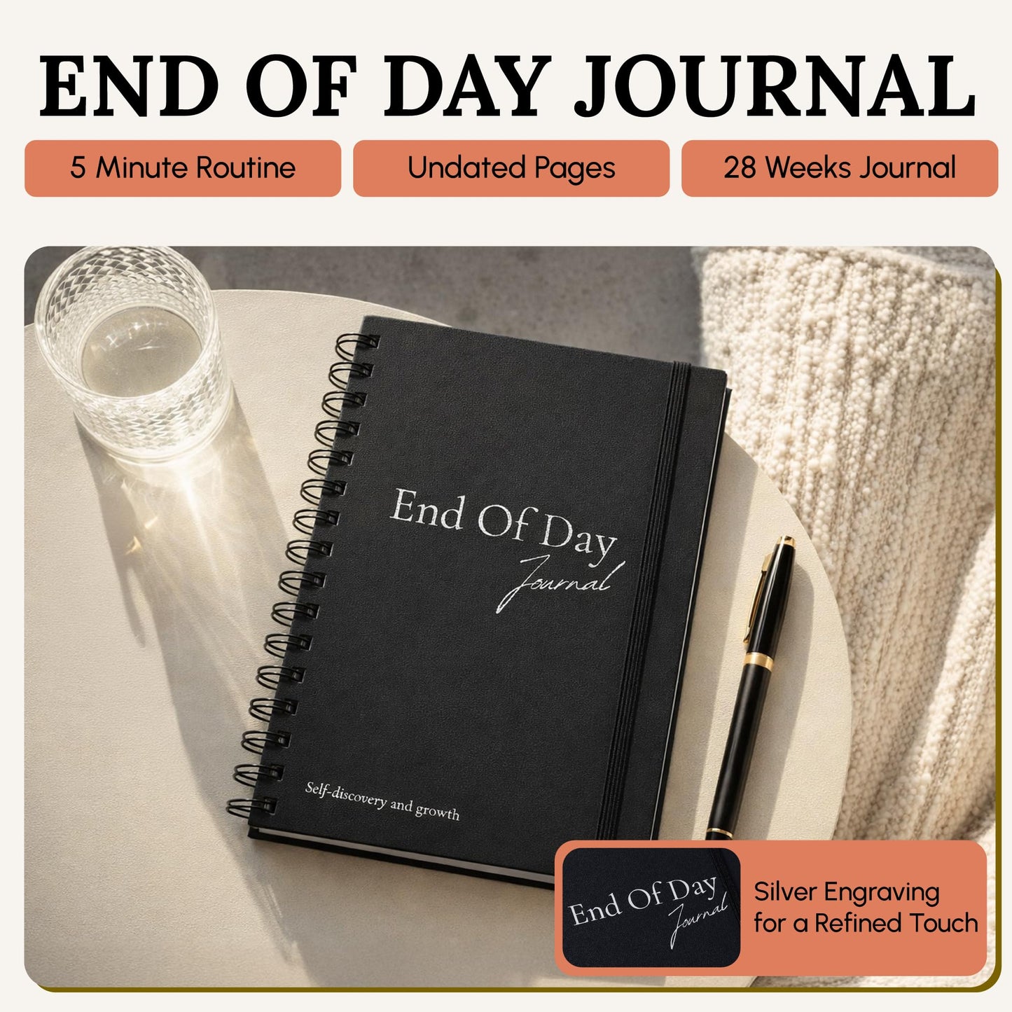 Tayri End of Day Journal – Day by Day 5 Minute Daily Gratitude & Self Reflection Journal 2026 for Women & Men, Guided Mindfulness, Happiness & Self Care, Undated Spiral with Vegan Leather Cover