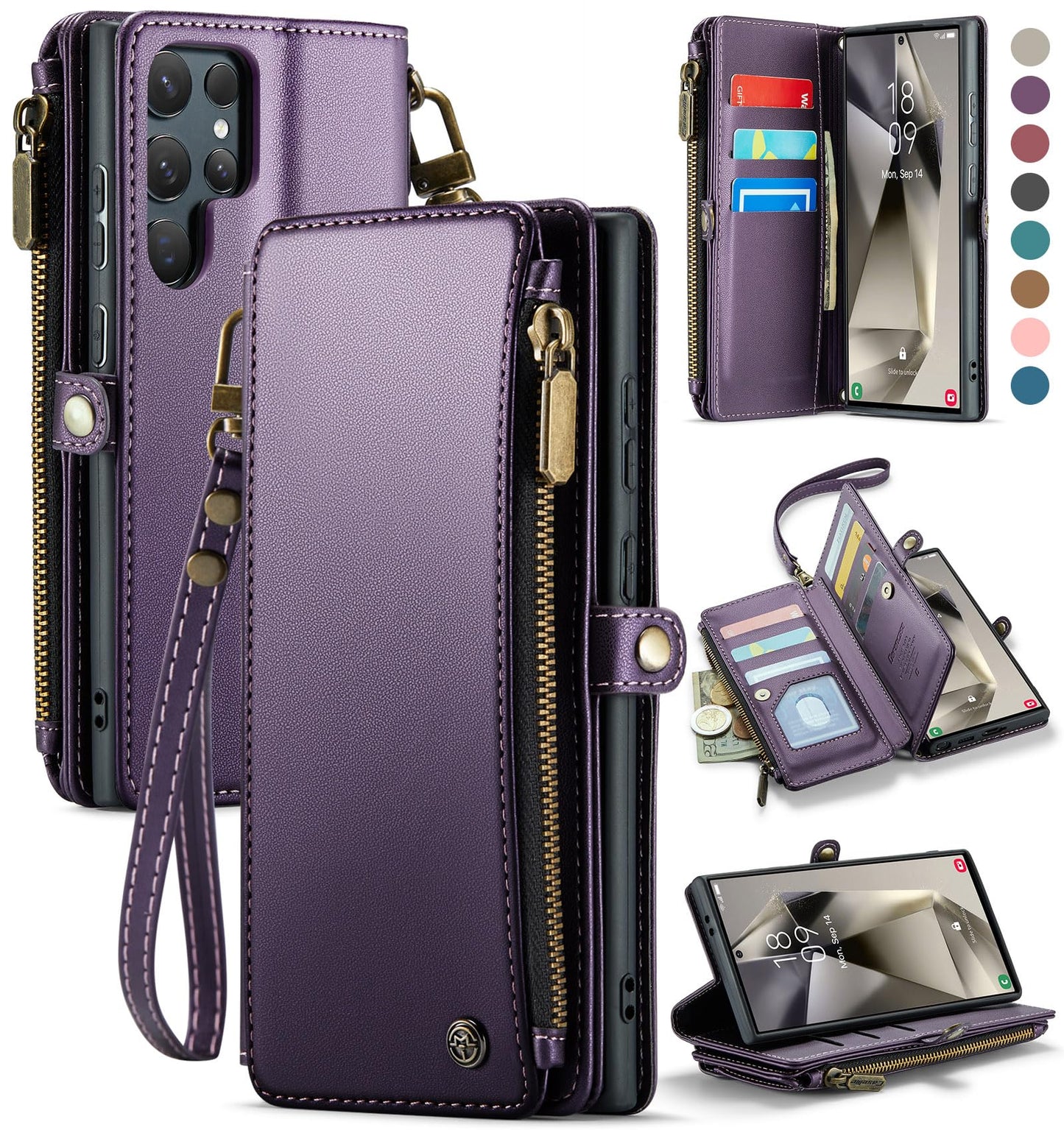 Defencase Compatible with Samsung Galaxy S24 Ultra Case Wallet with RFID Blocking Card Holder for Women Men, PU Leather Magnetic Snap Flip Zipper Strap Phone Case Fit for Galaxy S24 Ultra 5G, Purple