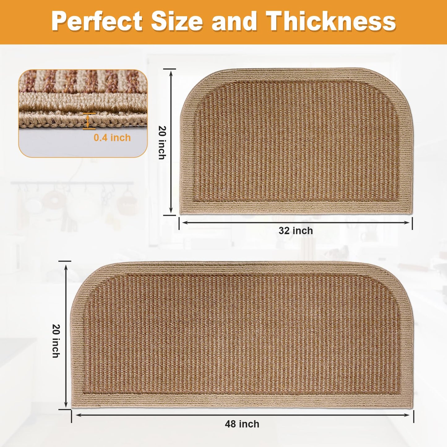 IGTXJORH Kitchen Rugs Set of 2, Non Slip Absorbent Washable Floor Mats Kitchen Runner Rugs, Half Moon Standing Runner Rug for Kitchen Sink and Laundry, 20"x32" + 20"x48", Brown