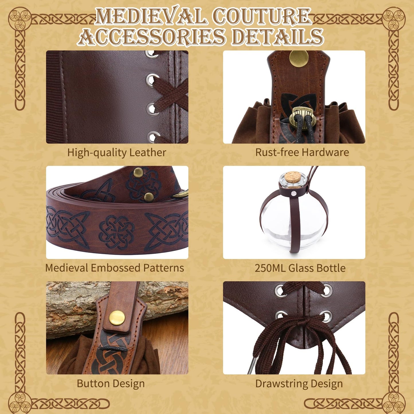 A ANGG Renaissance Belt, 5 Pcs Renaissance Accessories Women Medieval Belt Potion Bottle Corset Pouch Skirt Hike, Halloween Cosplay Costume Accessories（S Brown