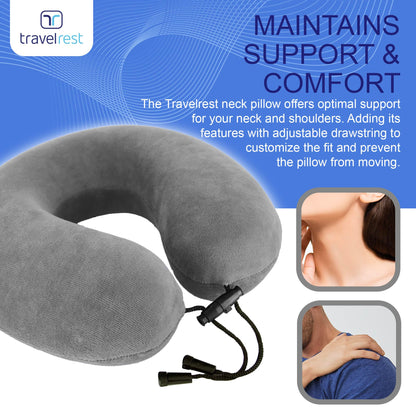TRAVELREST Nest Neck Pillow Travel Essentials - Memory Foam Pillow and Patented Design, Support for Long Flights, Travel Accessories, Comfortable and Compact, Washable, Attaches to Luggage - Gray