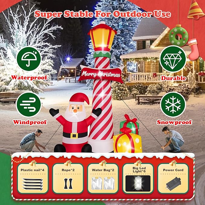 8Ft Christmas Decorations Outdoor Inflatables Giant Santa Claus Stands Under The Lighthouse with Gift Box, Blow Up Built-in LED Lights for Party Outdoor Garden Indoor Yard Lawn