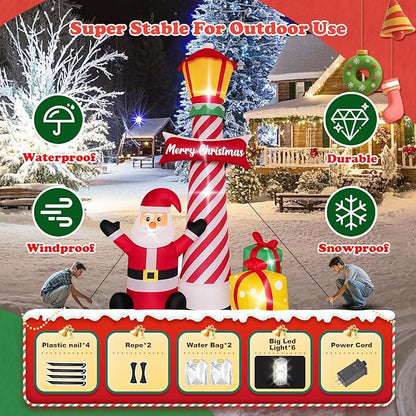 8Ft Christmas Decorations Outdoor Inflatables Giant Santa Claus Stands Under The Lighthouse with Gift Box, Blow Up Built-in LED Lights for Party Outdoor Garden Indoor Yard Lawn