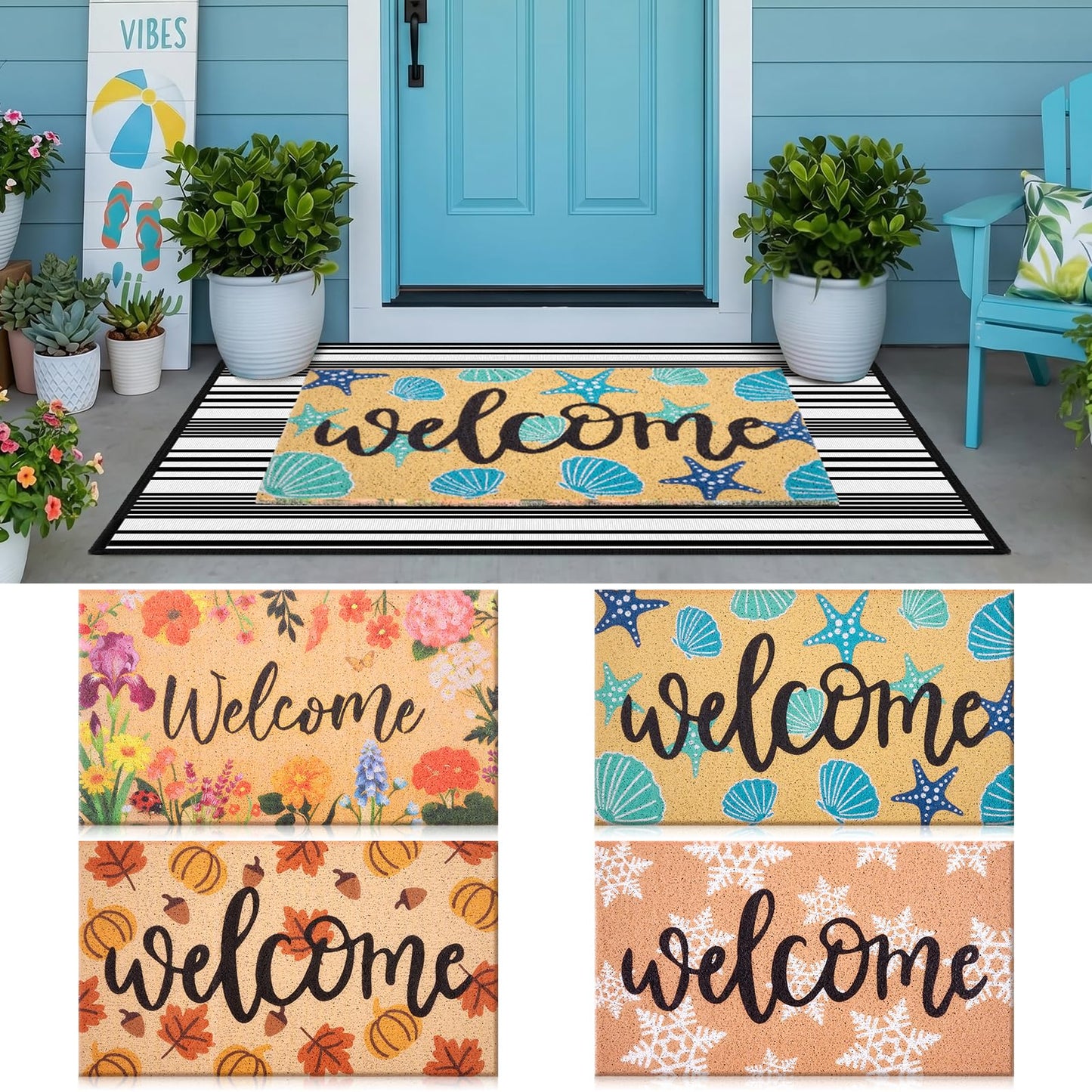 APUDWN 5 Pcs Interchangeable Doormat Set, 24x36 Large Buffalo Plaid Base Mat with 4 Seasonal Silk Loop Inserts, All-Season Non Slip Layered Front Door Welcome Mat for Entryway Outdoor Decor