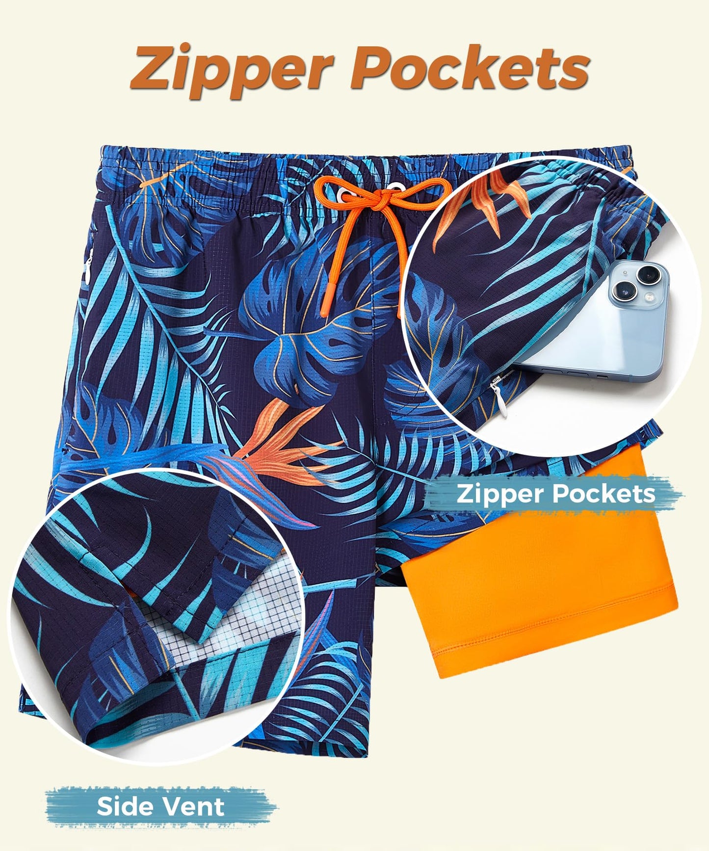 ELETOP Men's Swim Trunks with Compression Liner Bathing Suit Beach Board Shorts with Zipper Pockets Palm Leaf Blue Yellow L
