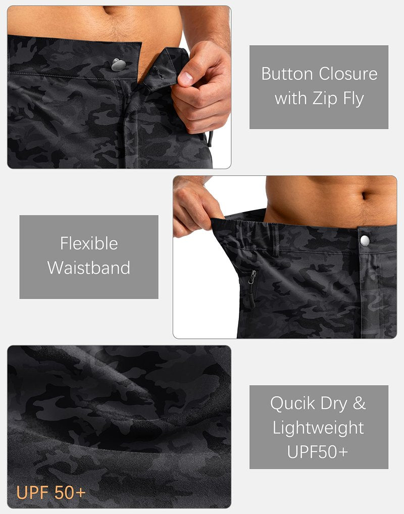 Pudolla Men's Hiking Cargo Shorts 9" Lightweight Outdoor Work Shorts for Men Travel Golf Camping Casual with 5 Zipper Pockets(Black Camo Small)