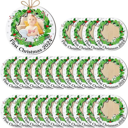 Blulu 24 Pcs Baby First Christmas Photo Ornament 2025 Christmas Pictures Frame Bulk Christmas Hanging Picture Frames Wooden for Xmas Tree Baby Gifts Keepsake