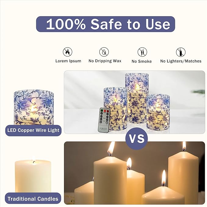 Printed Flameless Candles with String Lights - Set of 3 Blue and White Battery Operated Candle Flickering Floral LED Pillar Candles with Timer Remote for Home Decor Romantic Ambiance,BW