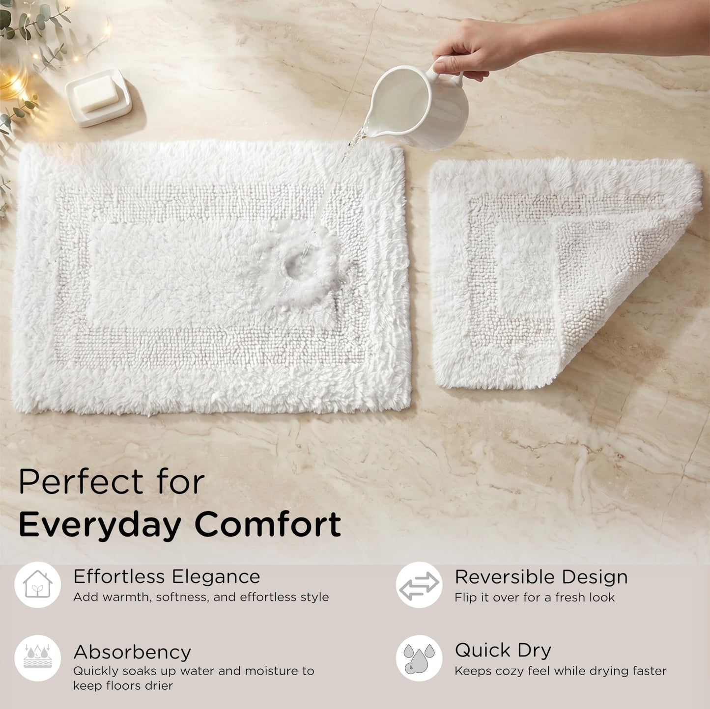Cotton Reversible Bathmat Set of 2, 17x24 Inches - White, Super Soft Quick Dry Washable Bath Rugs Ideal for Bathroom, Kitchen, Vanity, Shower Area | Plush Soft Spa Style Hotel Quality Floor Mat