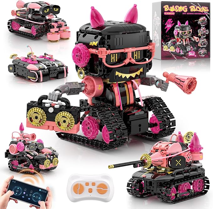 5in1 STEM Robot Building Kits for Kids 6-12 APP &amp Remote Control STEM Rock Robot Building Toys for Kid Coding Interactive Tank Truck Vehicle Building Sets for Boys Girls Birthday Xmas Gift