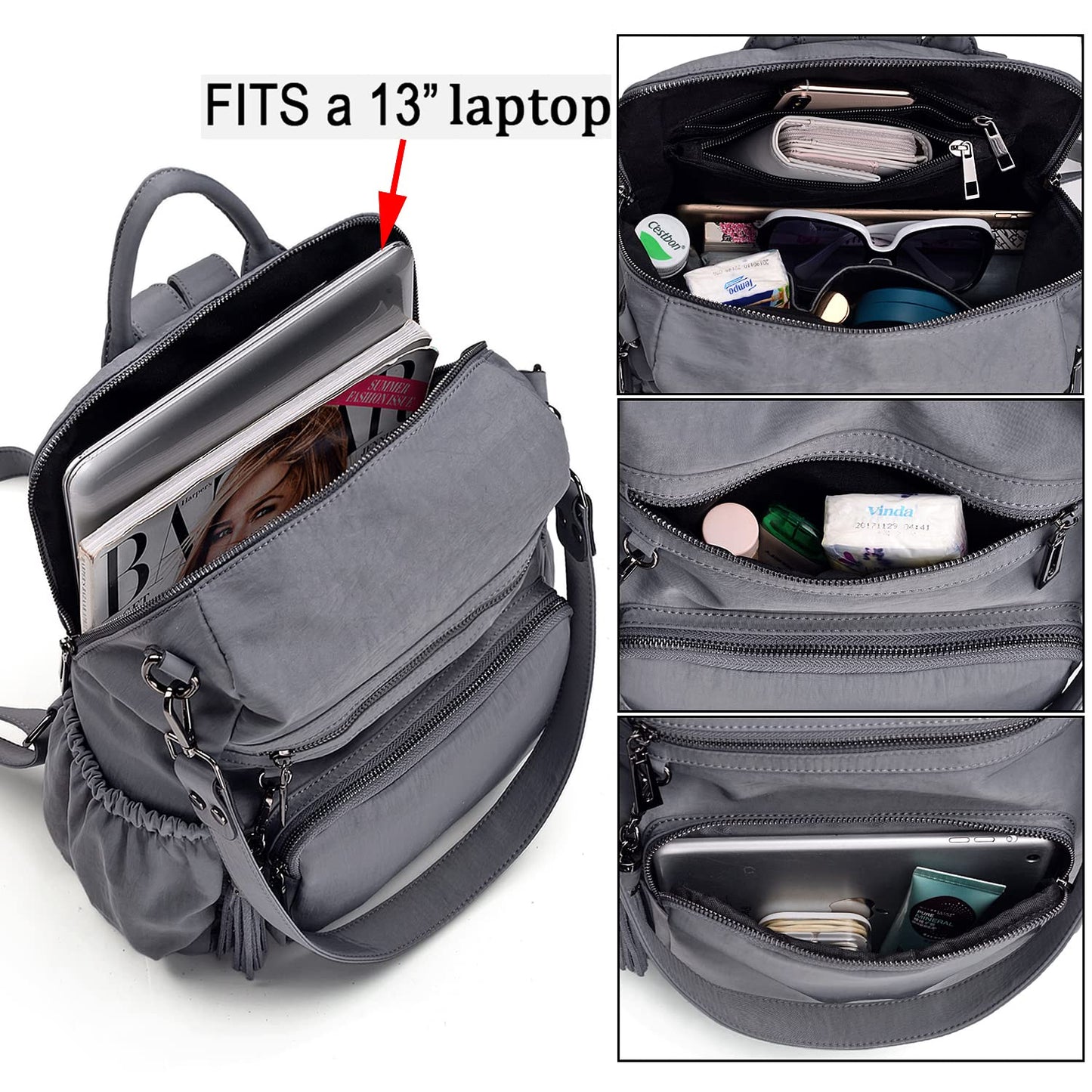 UTO Women Backpack Purse Nylon Fabric Ladies Fashion Designer Rucksack Convertible Travel Shoulder Bag with Tassel Grey