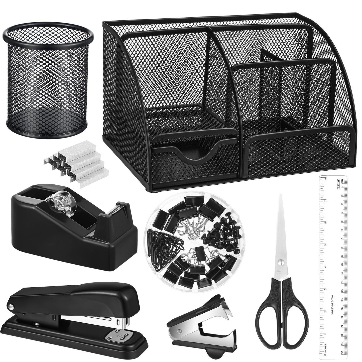 Black Desk Organizer and Accessories, Black Desk Asccessories Office Supply Kit Include Mesh Desktop Organizer Stapler 1000 Staples Tape Dispenser Pen Holder Staple Remover Clips Ruler Scissors