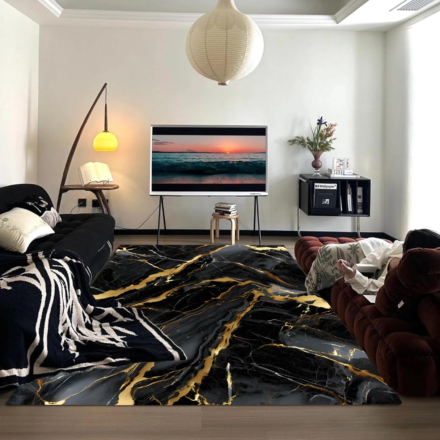 EDGZKO Black Gold Marble Rugs: 4x6 Feet Modern Aesthetic Abstract Area Rug Washable Carpet Non-Slip Floor Mats Doormat for Living Room Bedroom Dining Room Dorm Classroom Nursery