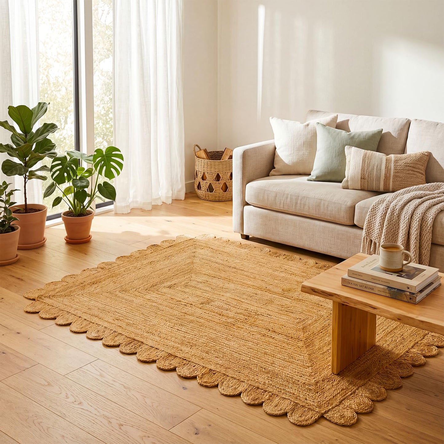 GRUHUM Scalloped Jute Area Rug 4'x6' ft Natural Fiber Rectangular Handwoven Boho Reversible Farmhouse Soft Braided Rustic Vintage Rug Indoor Ecofriendly Livingroom Bedroom Kitchen Hallways Enterways