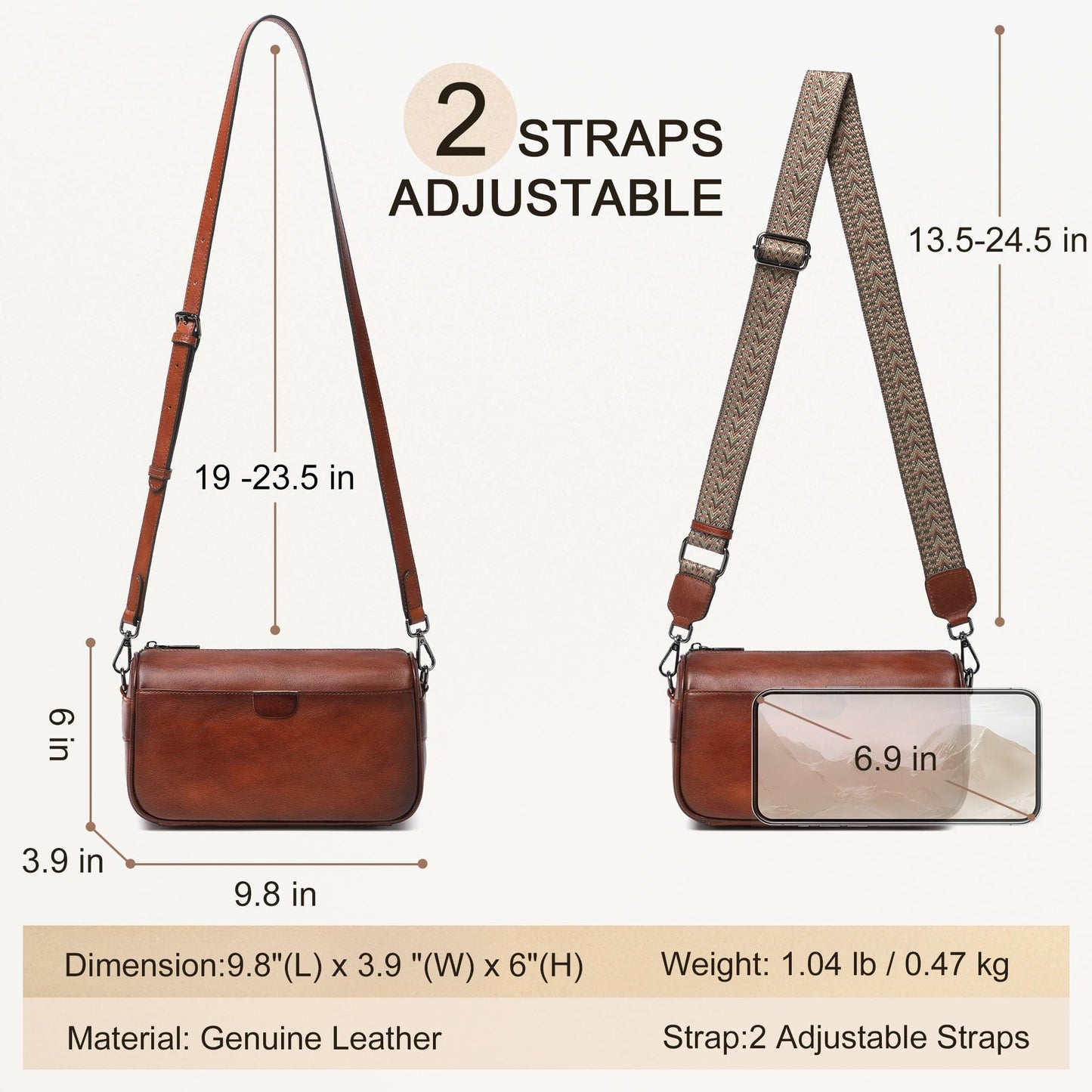 Genuine Leather Crossbody Purses Bag for Women,Travel Casual Handbag Bag, Small Shoulder Cross body Purse with Two Adjustable Straps(Brown)