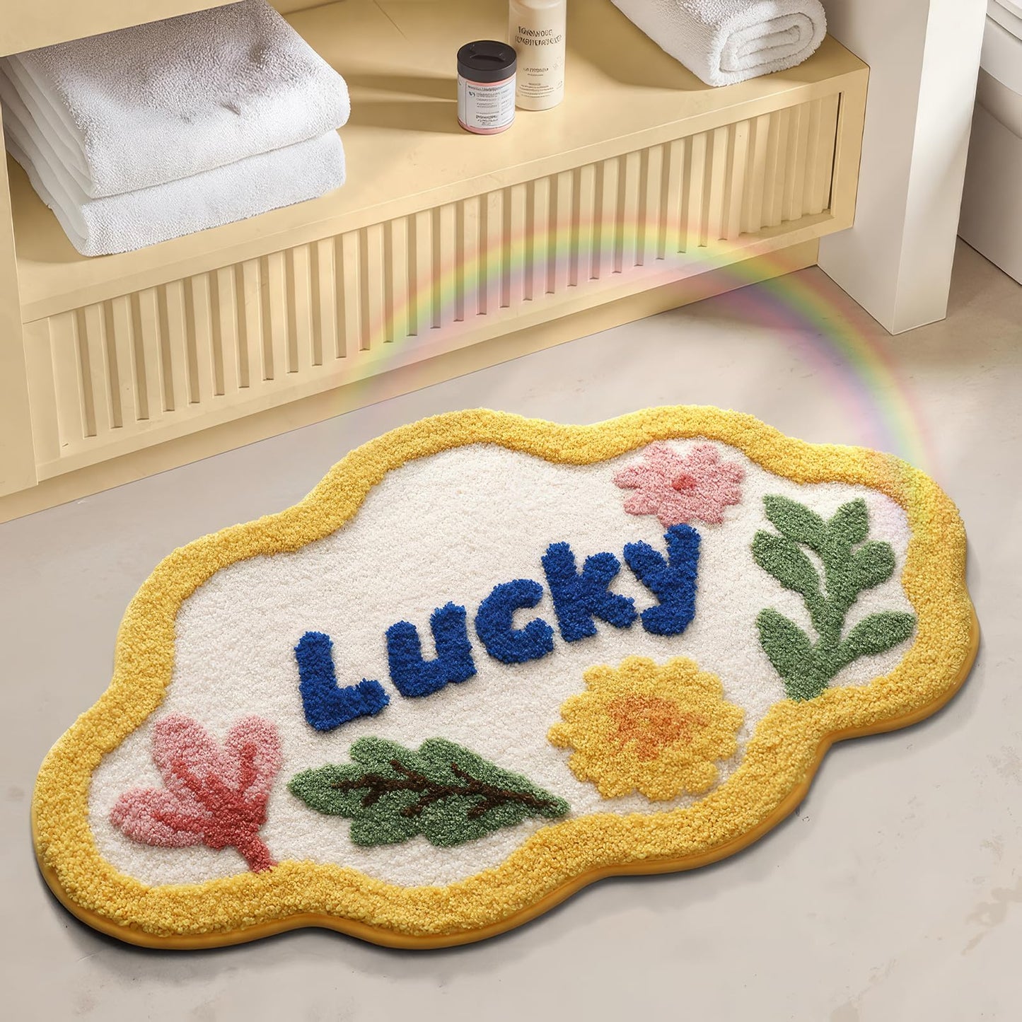 Cloud Shaped Lucky Bath Mat, Non-Slip Fluffy Floral Doormat with Blue Letter, Ultra Absorbent Microfiber Rug, Yellow Edge Machine Washable Carpet for Bathroom Doorway 20x31 Inch (Yellow)