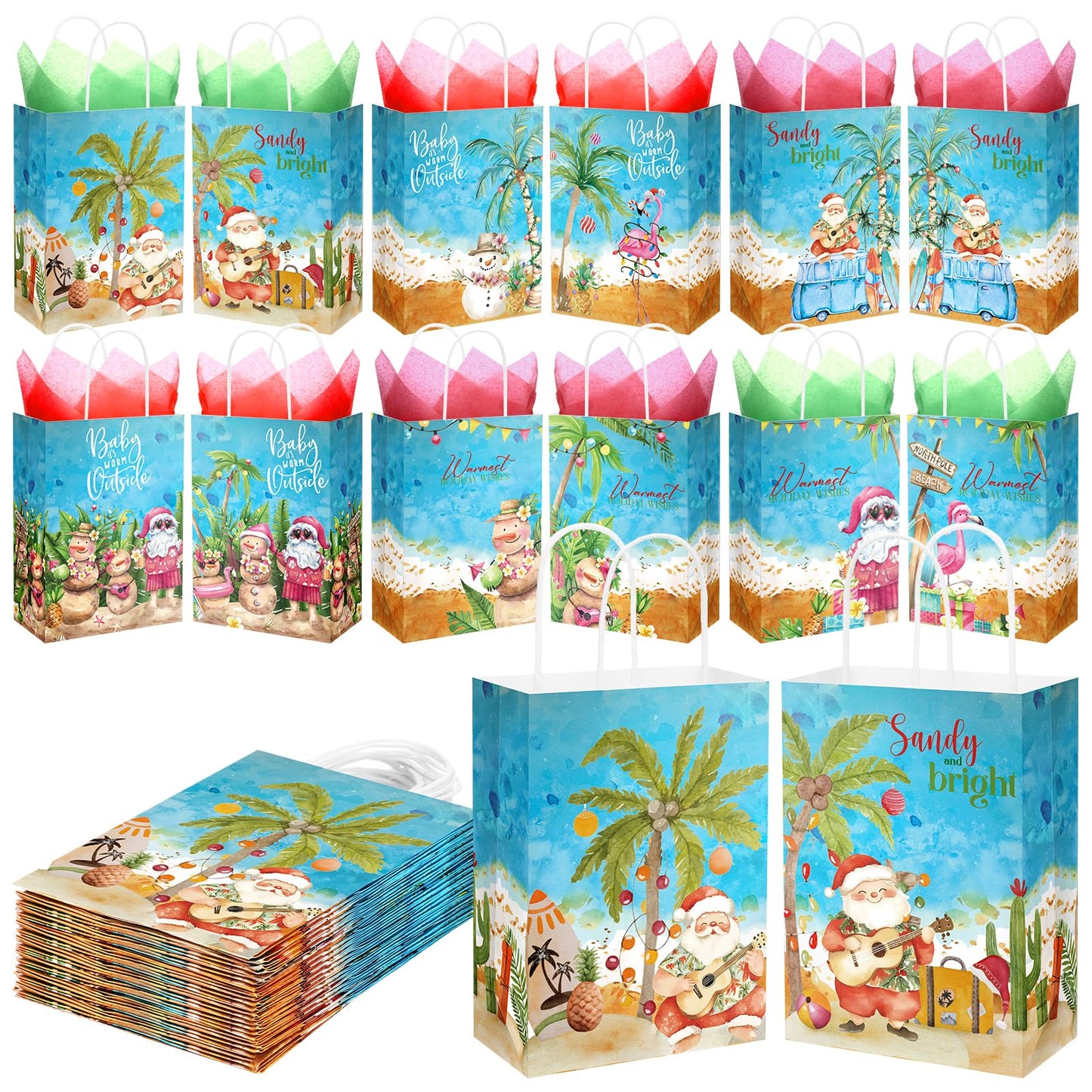 Sinload 36 Sets Summer Christmas Party Gift Bags with Tissue Paper Xmas in July Santa Tropical Goodie Bags with Handle Christmas Treat Tote Hawaiian Flamingo for Beach Pool Birthday Party Decoration