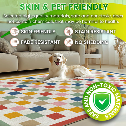 Washable 5x7 Checkered Area Rug for Living Room, Colorful Rainbow Checkerboard Modern Large Rugs, Faux Wool Low Pile Lightweight Indoor Carpet with Non-Slip Backing for Bedroom Kids Nursery Play Room
