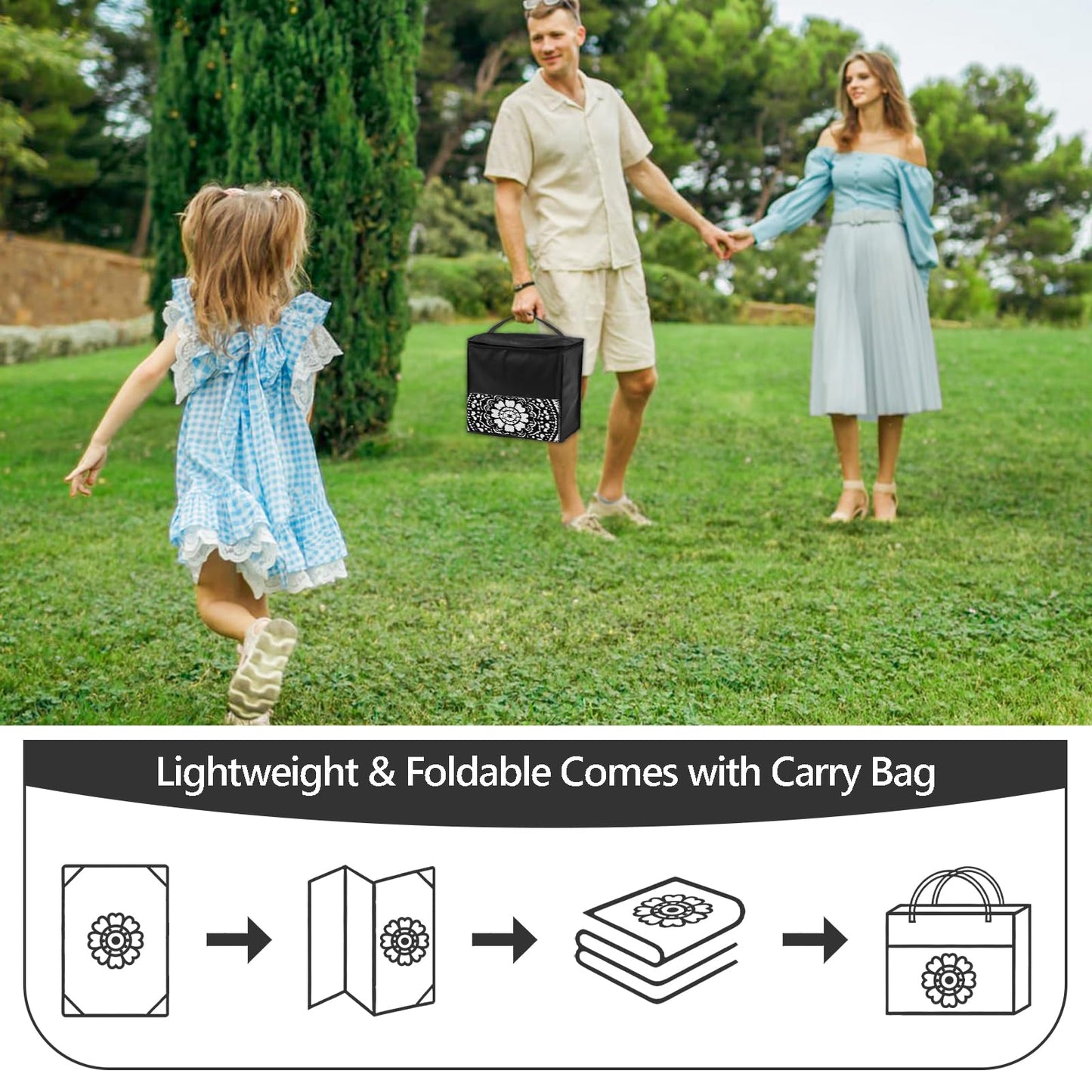 Round Outdoor Rugs for Patios, 6Ft Waterproof Reversible Plastic Straw Mat with Carry Bags, Boho Lightweight Outdoor Carpet Portable Round Floor Mat for Patio Camping Picnic Backyard RV,Black & White