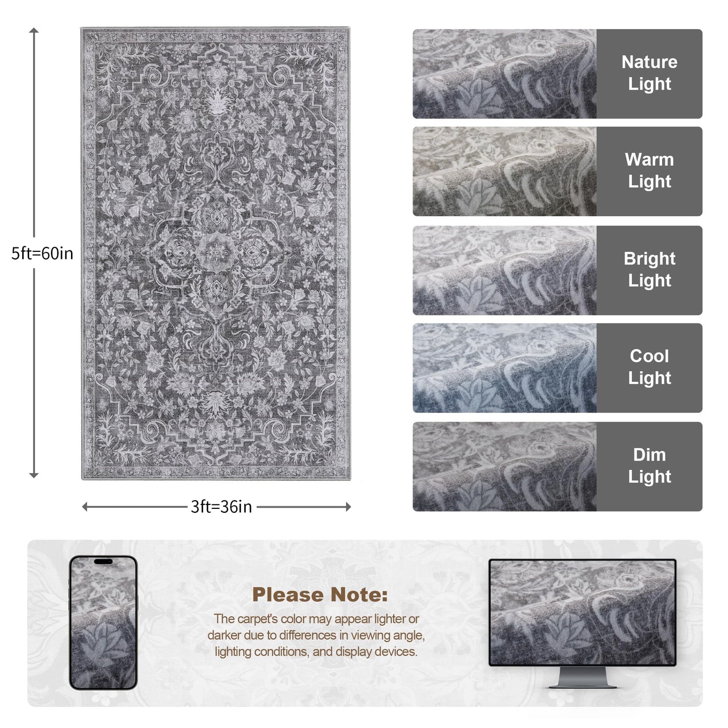 Ciicool 3x5 Washable Grey Rug Boho Floral Non-Slip Bedroom Rugs for Entryway Throw Rug Soft Low-Pile Indoor Floor Carpet for Living Room Laundry Foyer Decor