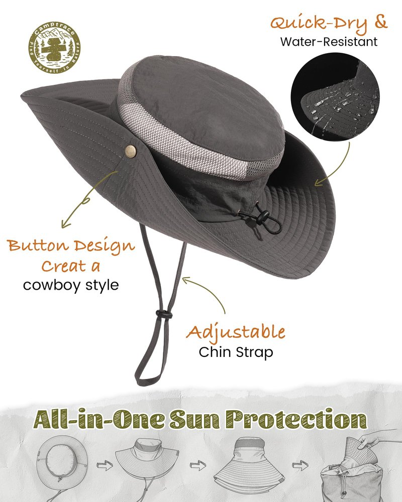 Sun Hats for Men Women Breathable Wide Brim Fishing Hat Hiking Summer UV Protection Bucket Hats UPF 80+ Dark Grey