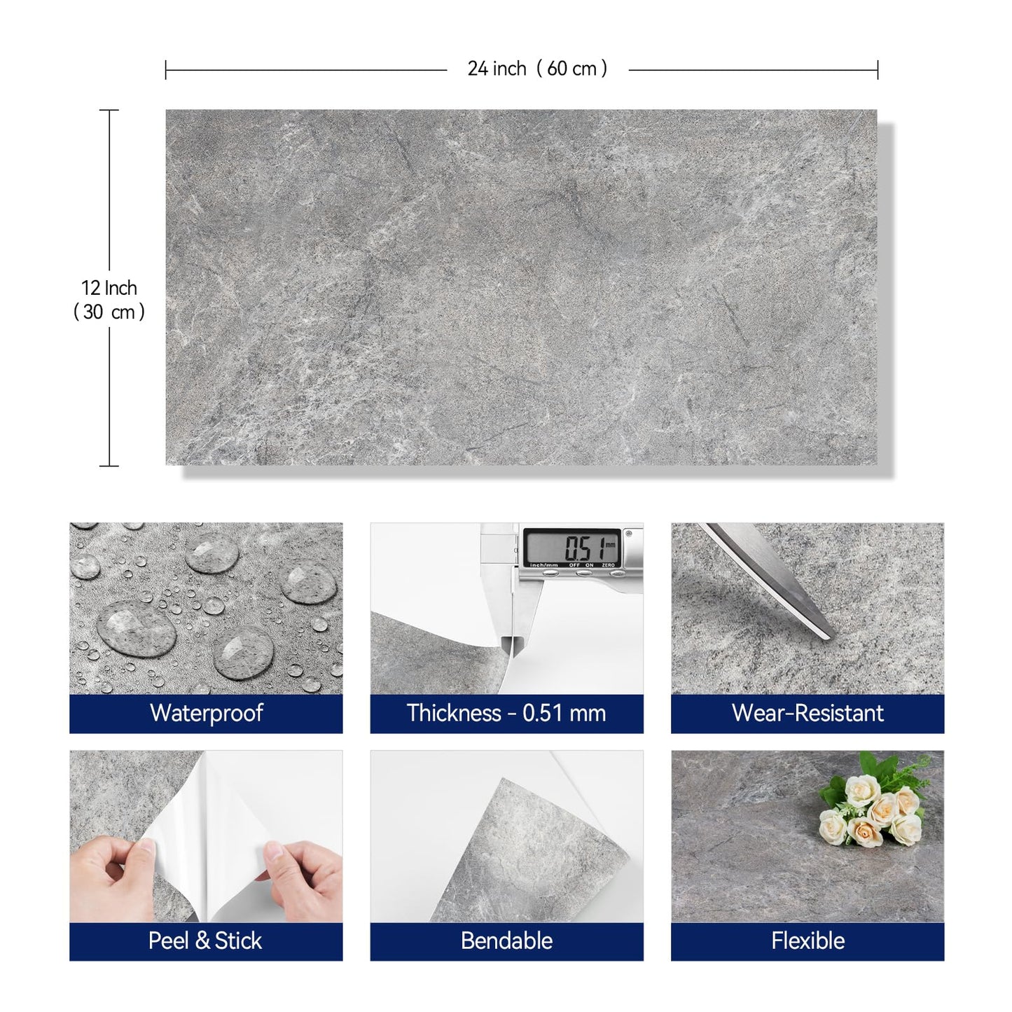 FunStick 12"x24" Grey Marble Peel and Stick Floor Tile Waterproof Bathroom Vinyl Flooring Tiles Peel and Stick on Floor Tiles for Kitchen Bedroom Removable Sticky Laminate Flooring Tile Sheets 5 Pcs