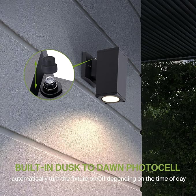 ASD 1 Light Square Dusk to Dawn Outdoor Wall Light Fixture | 60W E26 Socket 120V ETL Cylinder Up Down Lights | LED/CFL/Incandescent Bulb Exterior Wall Sconce | Front Door, Porch, Patio | Black, 2 Pack