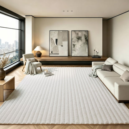 White Rabbit Striped Plush Rug 8'x10', Fluffy Shaggy Area Rug for Nursery & Kids Room, Faux Fur Carpet for Girls Bedroom, Living Room, Teen Decor