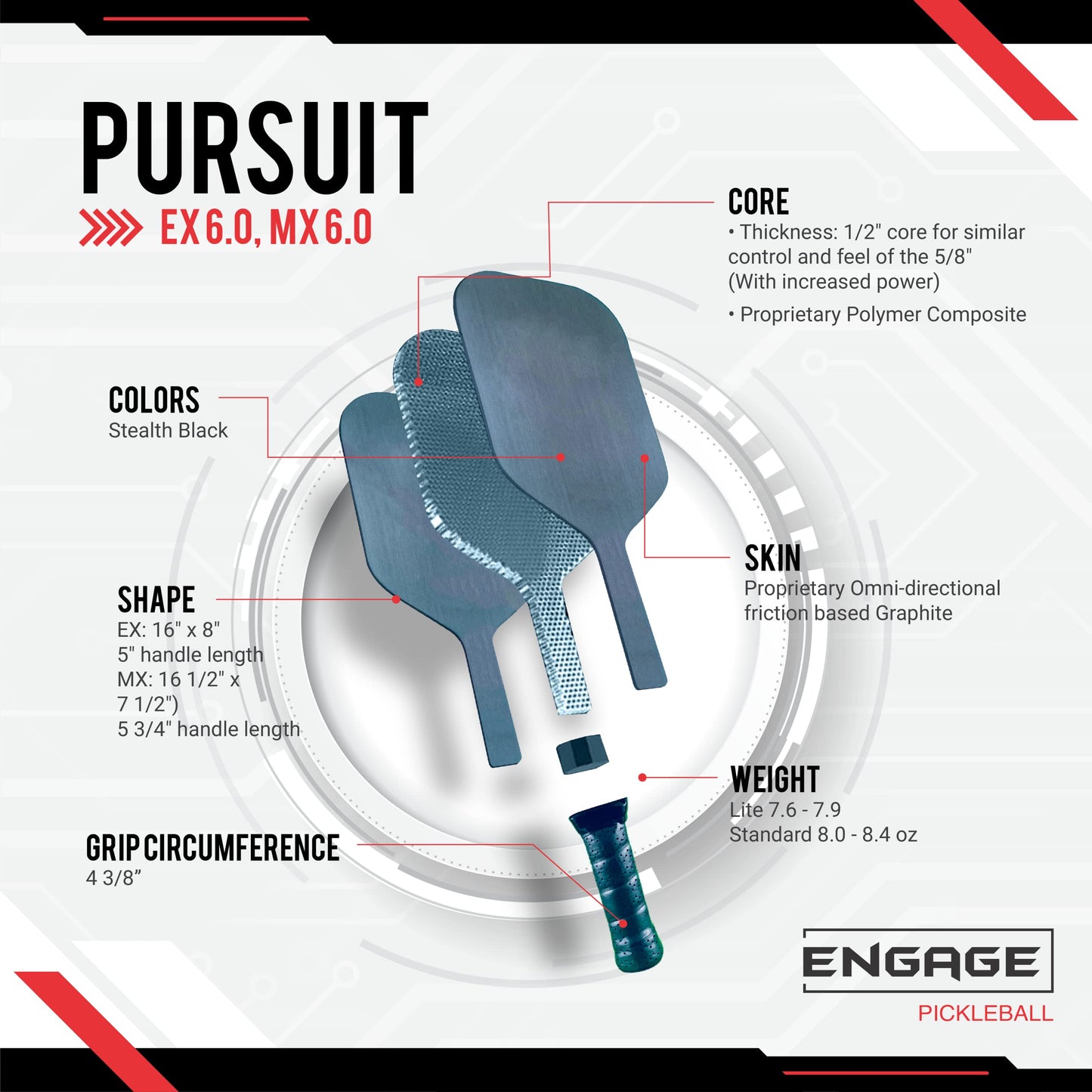 Engage Pickleball Pursuit EX 6.0 Pickleball Paddle - Graphite Pickleball Paddle with Black Core - USAPA Approved Pickleball Paddles - Pickleball Rackets for Adults - Made in USA - Standard (Black)