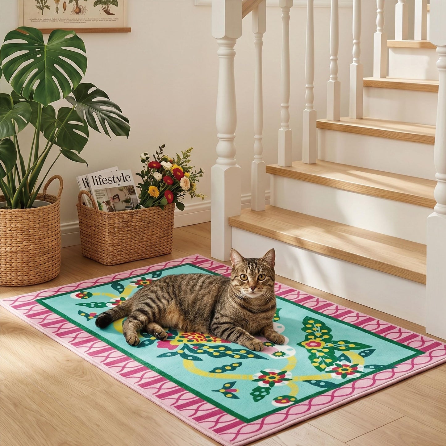Jianhua Goddess 2x3 Entry Rug, Pink Peony Floral Pattern Series Inspired by Ku Shulan Paper-Cut, Machine Washable Indoor Floral Folk Art Accent Rug with Non-Slip Backing for Entryway, Bedside, Studio