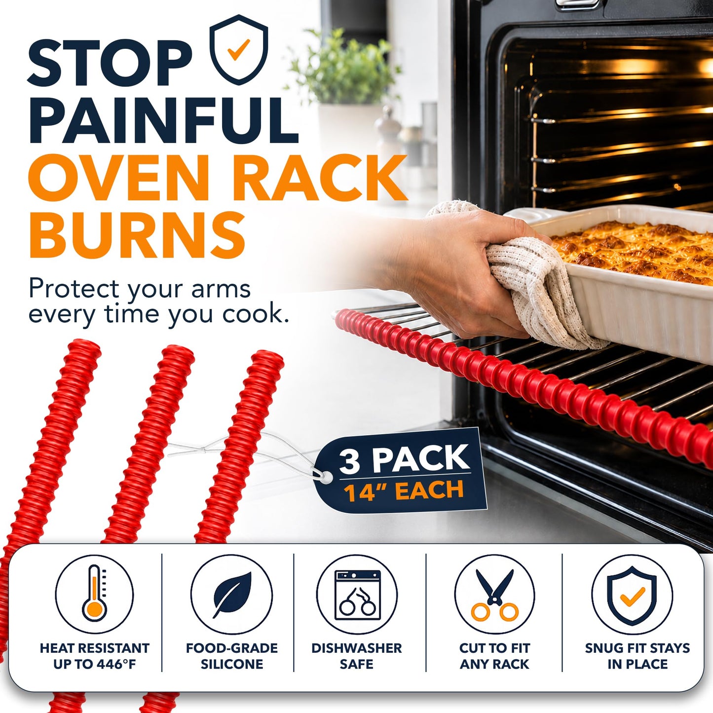 Silicone Oven Guards for Racks by Linda’s Essentials (3 Pack) - Heat-Resistant Rack Protectors Shield, Prevents Burns & Scars, Easy to Fit Design, Must-Have Kitchen Safety 14 Inches Long (Red)
