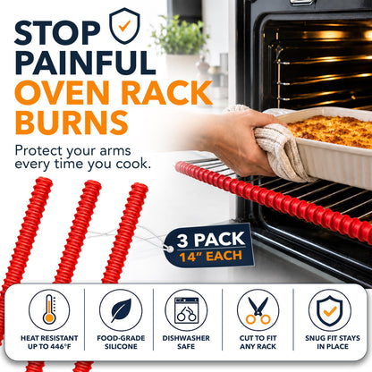 Silicone Oven Guards for Racks by Linda’s Essentials (3 Pack) - Heat-Resistant Rack Protectors Shield, Prevents Burns & Scars, Easy to Fit Design, Must-Have Kitchen Safety 14 Inches Long (Red)