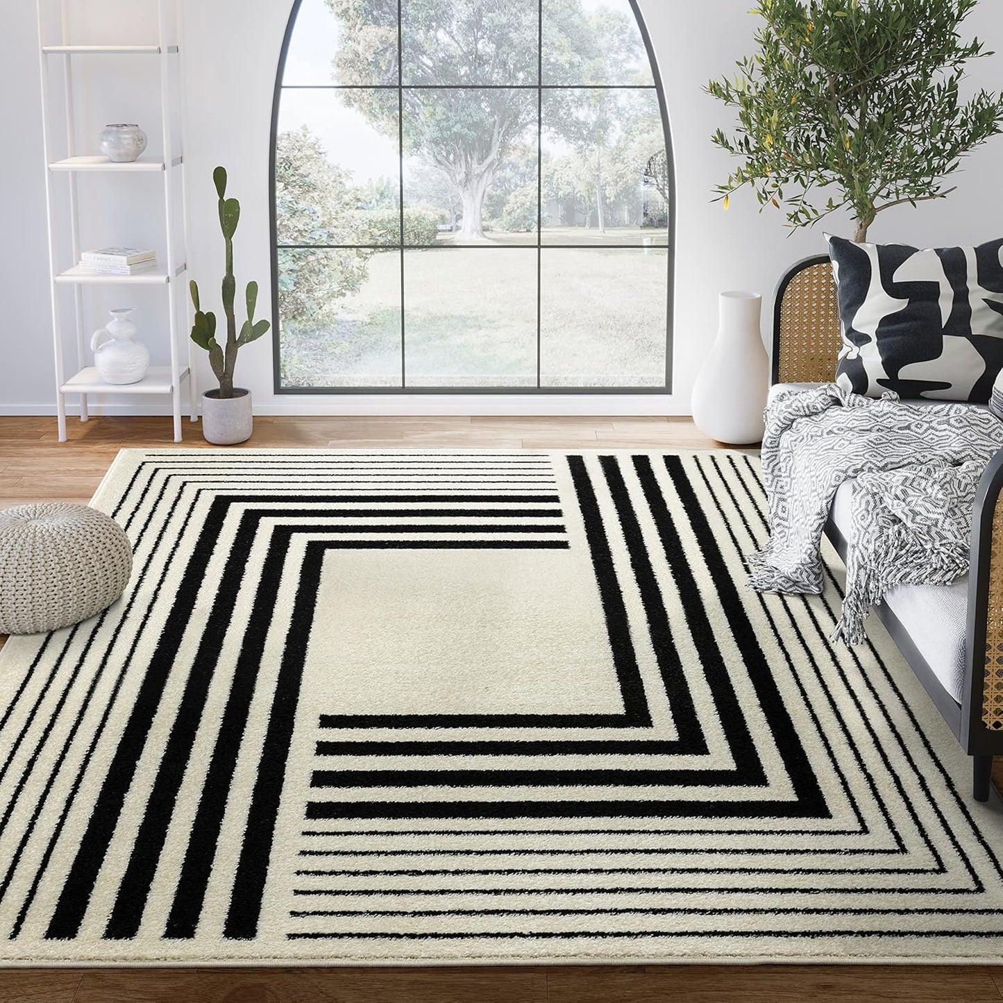 Abani Geometric Beige/Black Area Rug -5'3" x 7'6"- Modern 3D Lines Design - Deco Collection - Easy to Clean - Durable for High Traffic Areas -Living Room, Dining Room - Medium Pile