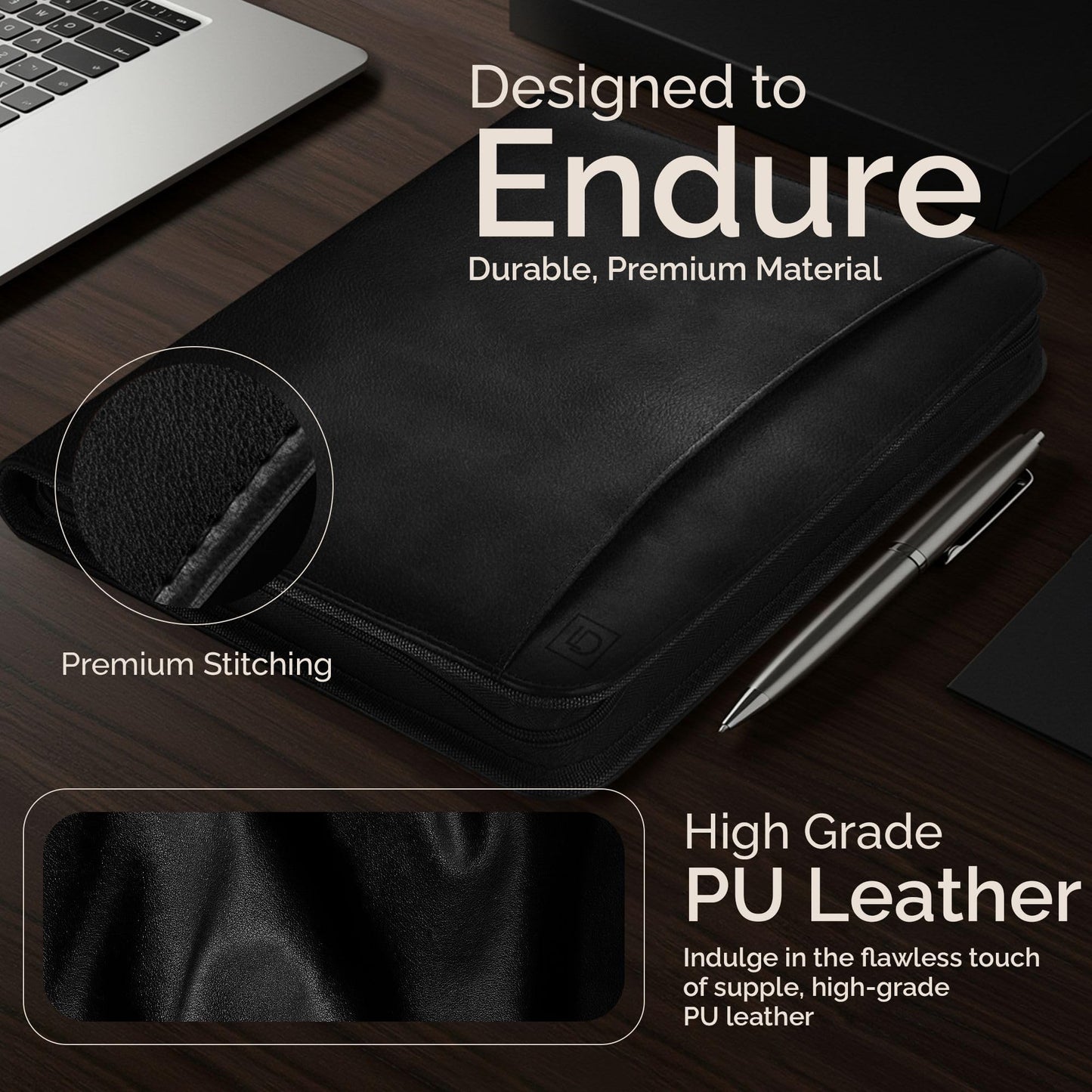 Lautus Designs Black Zippered Leather Portfolio - High Capacity 2-Inch Spine - Fits Surface Go & iPad Pro/Air 11 Inch - Professional Resume Padfolio