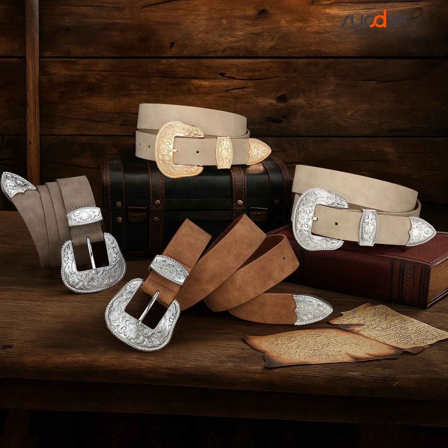 SUOSDEY Women Country Western Belt Cowgirl Cowboy Vintage Leather Belt with Western Style Big Buckle for Jeans Dresses