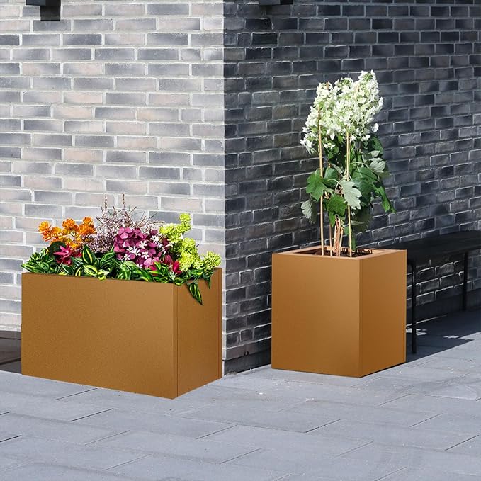 Corten Steel Planter Box 21"x20"x20", Metal Planter Spliced Flower Pot with Partitions, Outdoor & Indoor Large Rectangular Planter Box for Porch, Patio, Garden, Commercial Décor