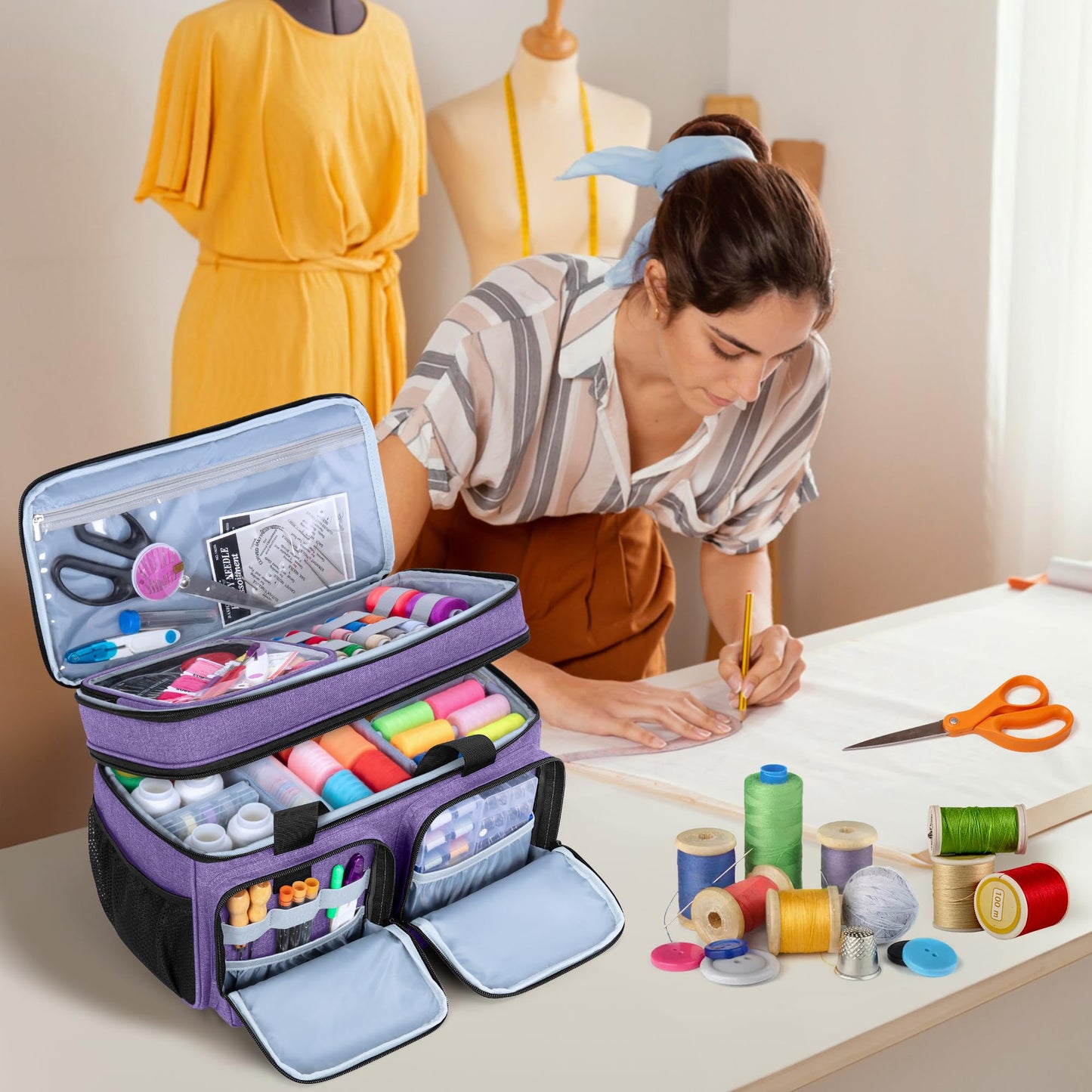 BAFASO Large Sewing Organizer Bag with an Individual Pouch and Detachable Dividers, 2 Layers Sewing Storage Bag for Sewing Supplies(Bag Only), Purple