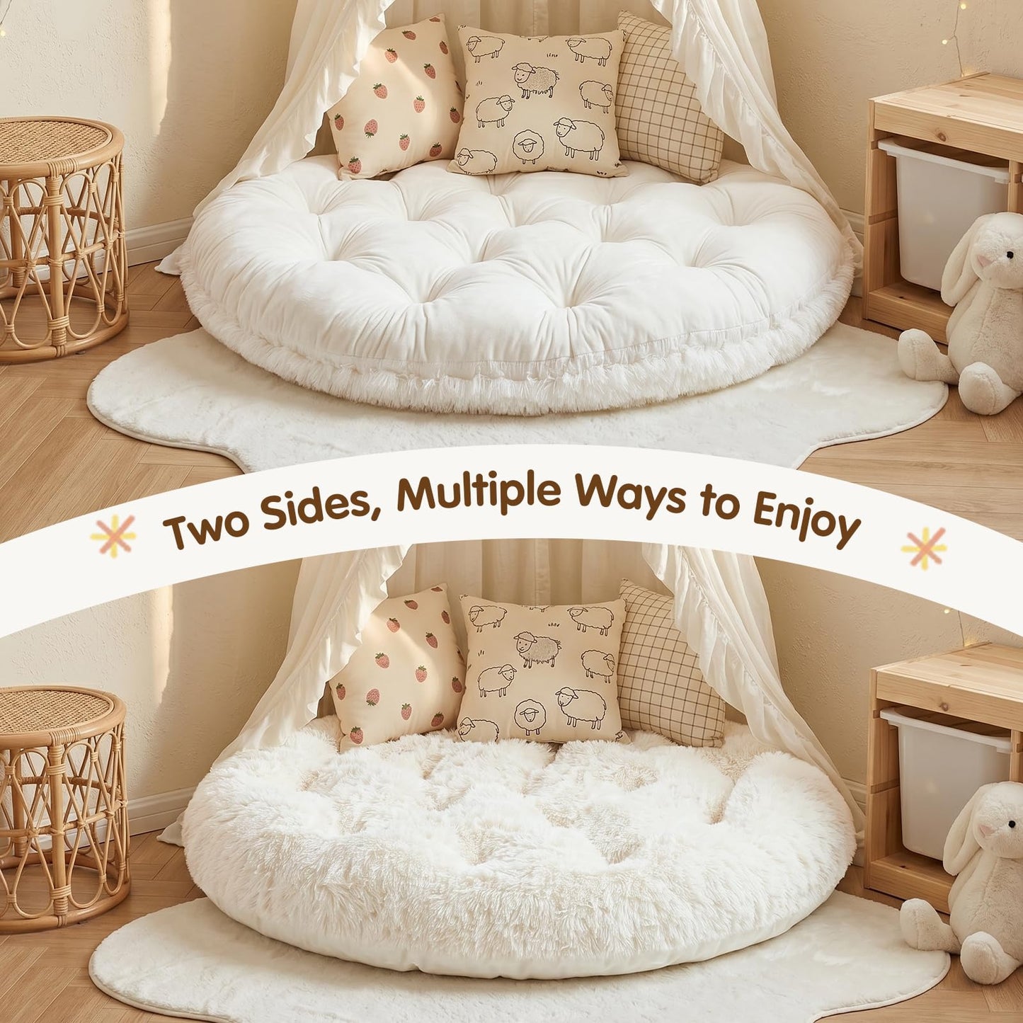 blue page Circle Kids Play Mat 5.9 in Thick, Round Padded Playmat for Ages 3+, Comfy Plush Floor Rug for Nursery Playroom Reading Corner, Large 47x47 in Beige