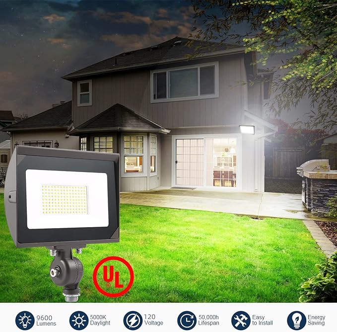 80W Outdoor LED Flood Light with 1/2" Knuckle Mount (Plate Included), 5000K Daylight 9600LM 120V, UL Waterproof LED Security Flood Lighting