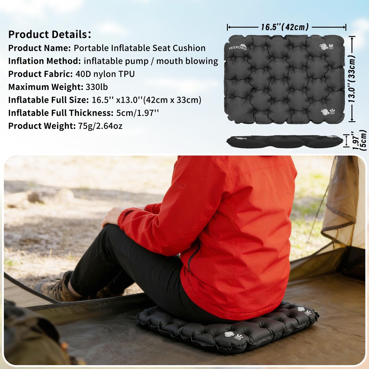 YEEKORO Inflatable Seat Cushion, Lightweight Camping Air Sitting Pad with Repair Cloths, Waterproof Stadium Seat Pad, Portable Seat Cushion for Climbing Hiking Office Airplane Car Stadium Seat
