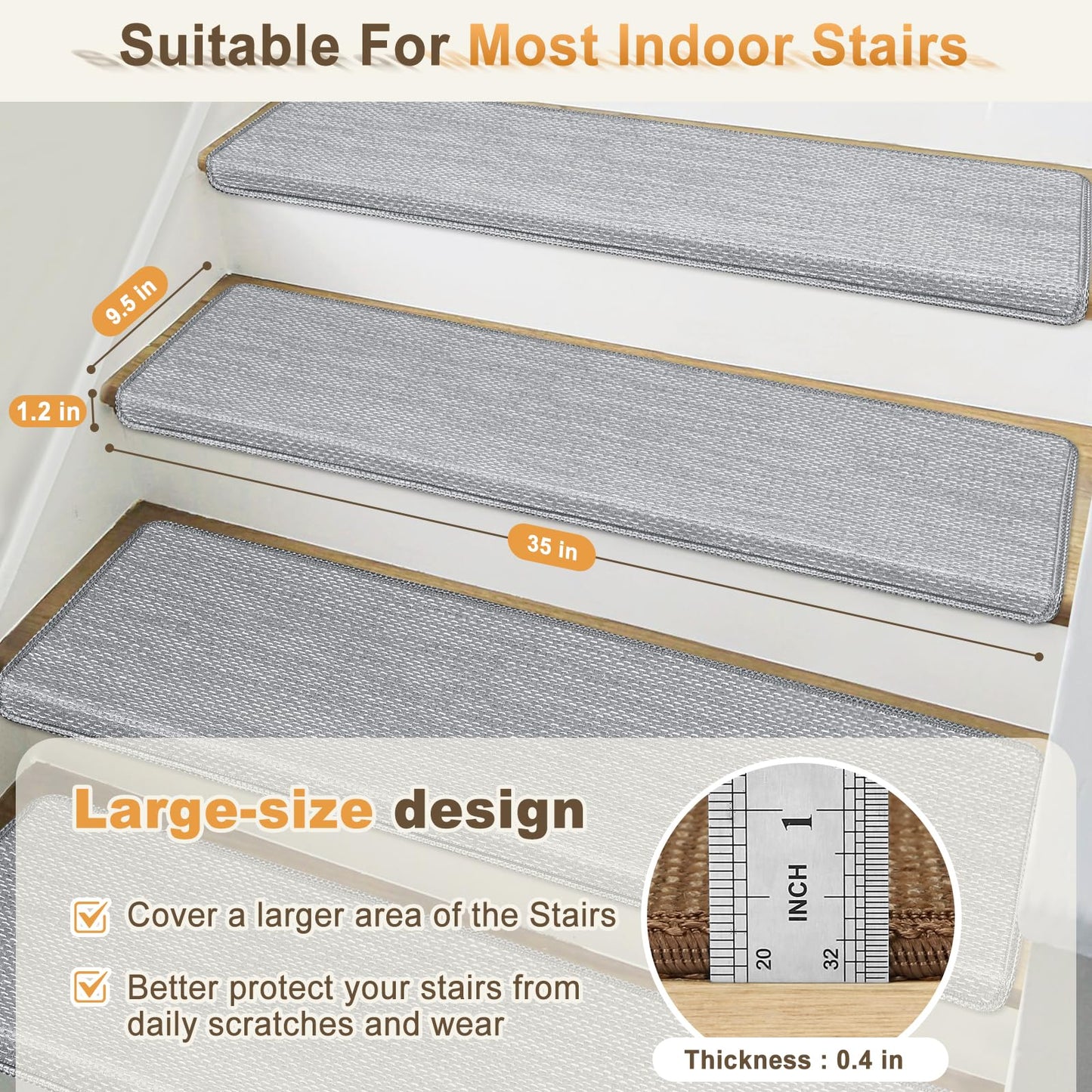 SMILOOL Bullnose Carpet Stair Treads Non Slip for Wooden Steps Indoor, 9.5" x 35" 2 Pieces, Extra Wide Bull Nose Carpet Runners for Wood Stairs, Step Covers, Stair Tread Rugs, Washable, Light Grey