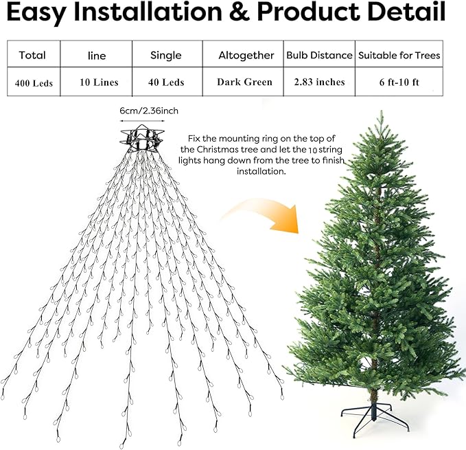 Christmas Tree Lights with Remote 400 LEDs Christmas Lights for Tree with 8 Lighting Modes, Timer and Memory Function, Indoor Outdoor String Lights for 6 ft-10 ft Xmas Tree Decorations(WarmWhite)