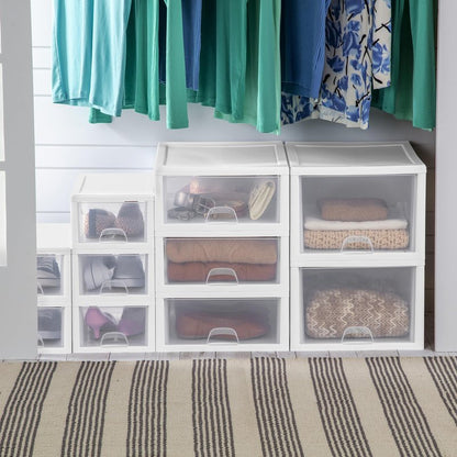 Sterilite 6-Pack Stacking Drawer, Clear Storage Closet Organizer, 6 Quart, White Frame - Stackable Plastic Drawers and Containers for Bedroom, Clothes, Dresser, Vanity, and Makeup Organization